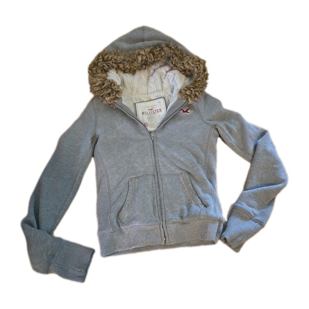 Hollister Y2K Fur Trimmed Gray Crochet Lined Hoodie RARE Size XS